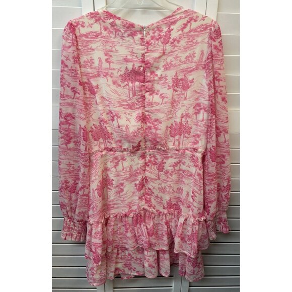 Pink & White Aqua Long Sleeve Ruffle Hem Mini Dress With Scenic Print - Picture 2 of 3